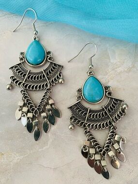 Bohemian Turquoise Teardrop Filigree Dangle Earrings